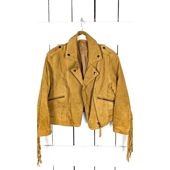 Vintage western tan brown suede leather cropped fringe boho motorcycle jacket - Picture 2 of 8